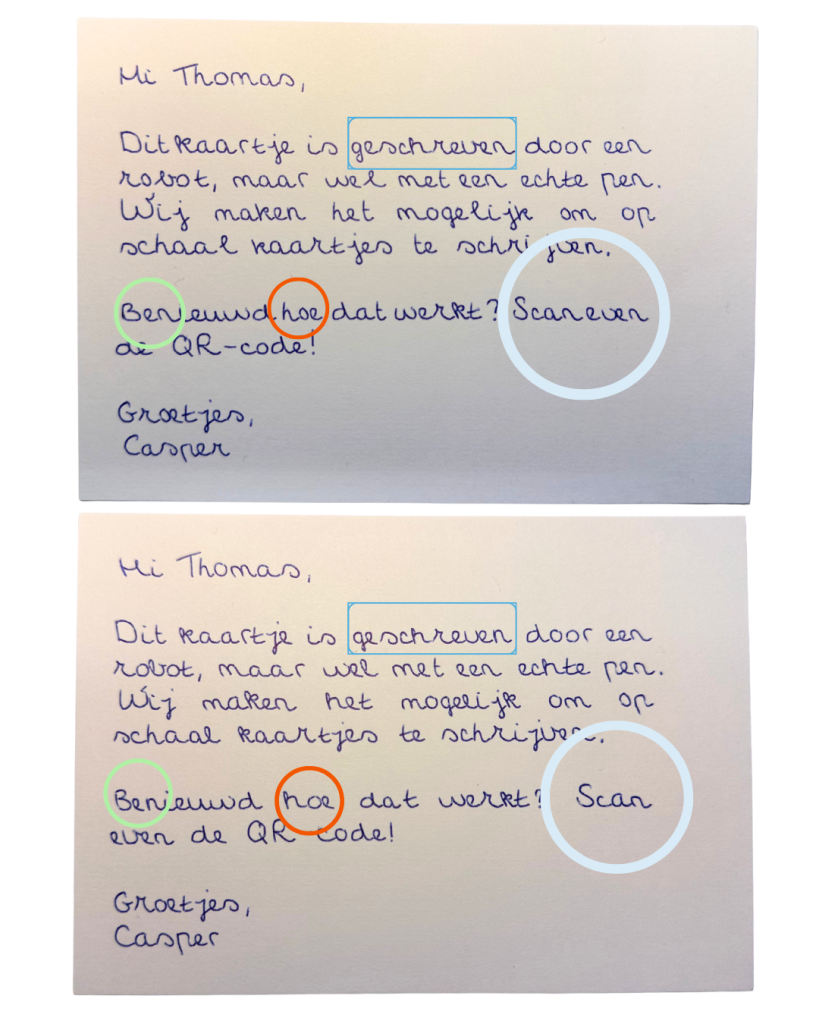Noteler handgeschreven kaartjes vergelijking met identieke tekst.