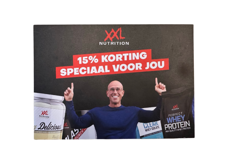 Kaartontwerp van XXL Nutrition met een persoonlijk aanbod.
