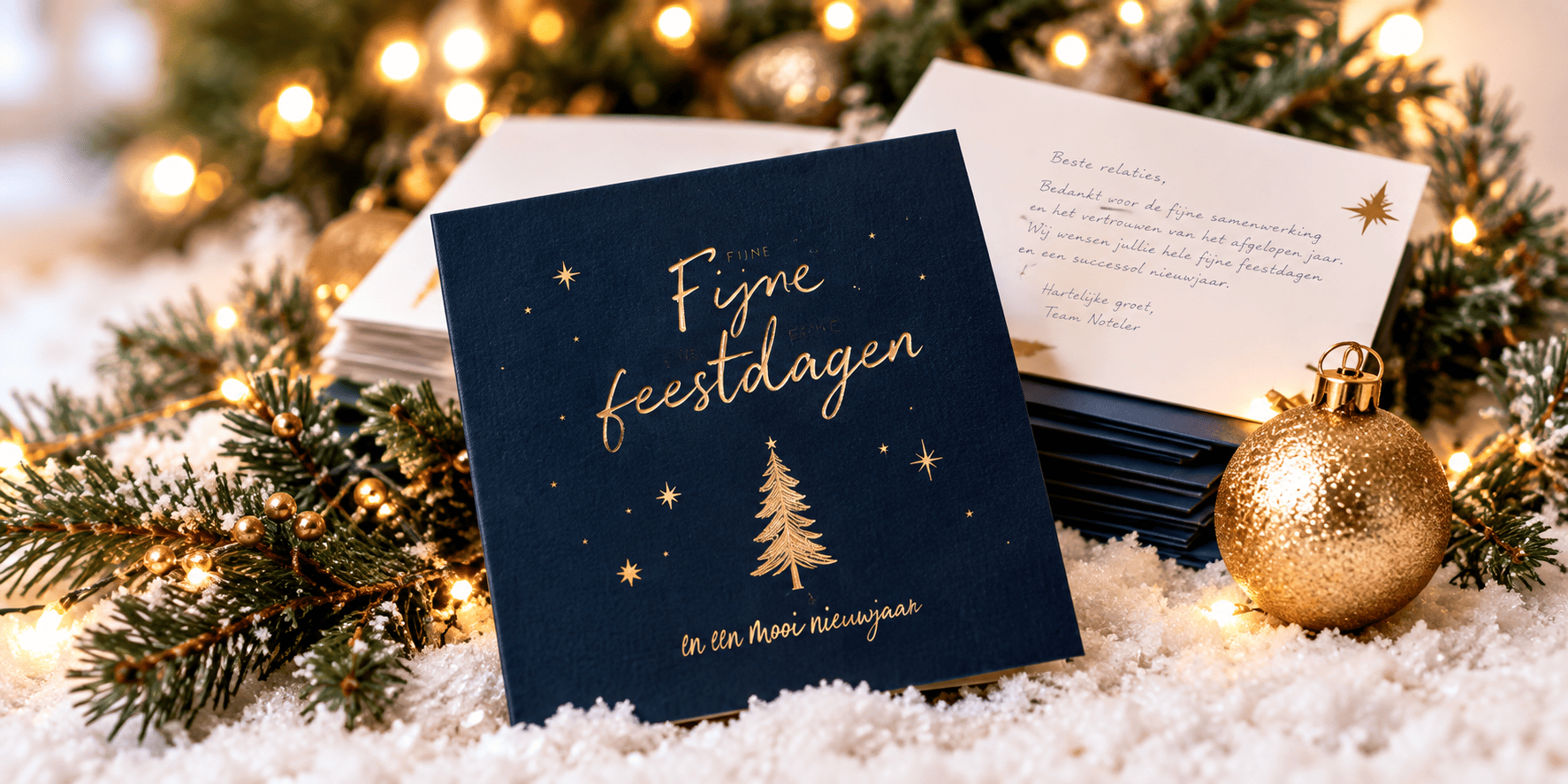 Zakelijke kerstkaart met gouden fijne feestdagen tekst in feestelijke kerstsetting