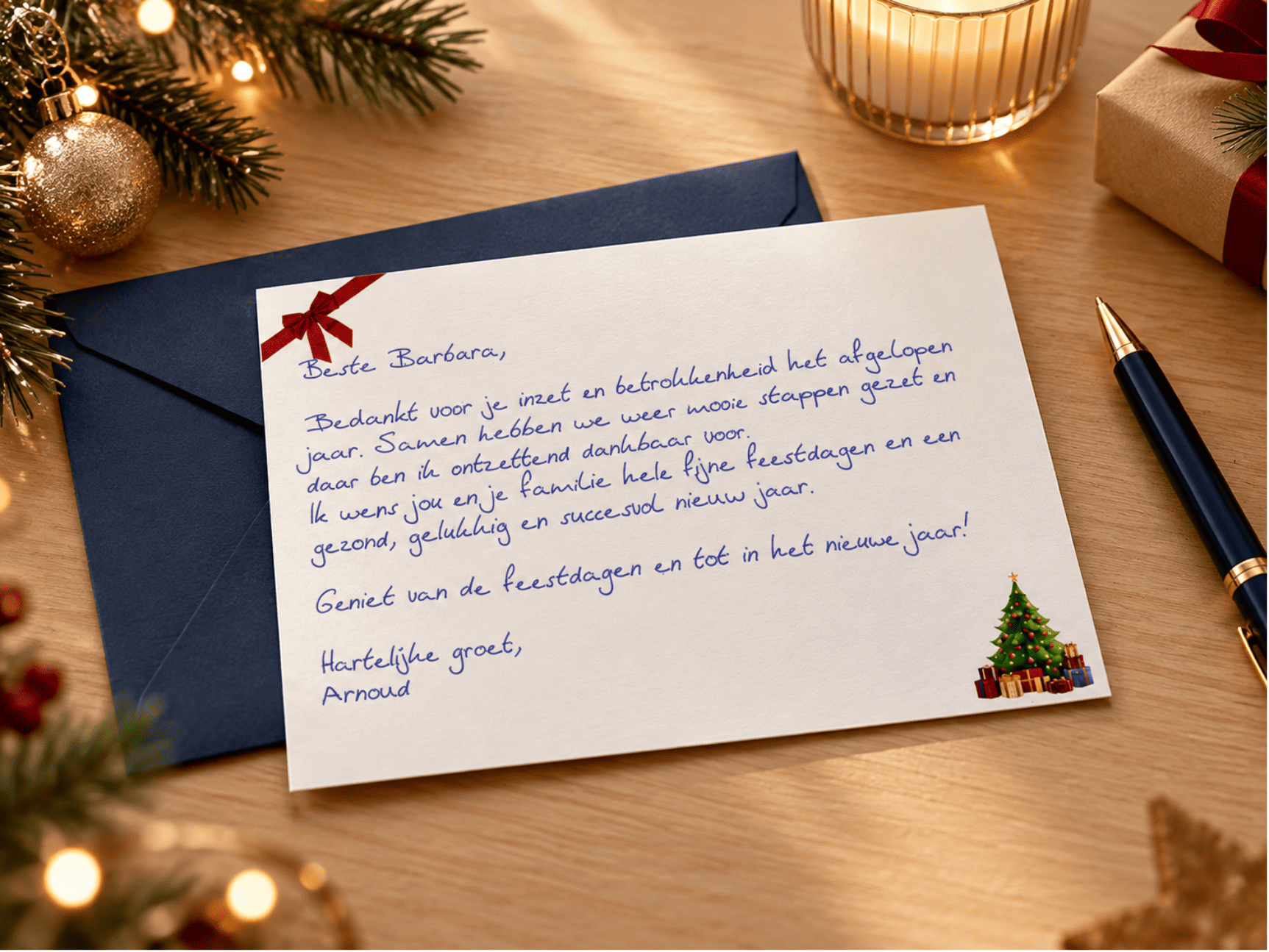 Handgeschreven zakelijke kerstkaart van Noteler in feestelijke kerstsetting