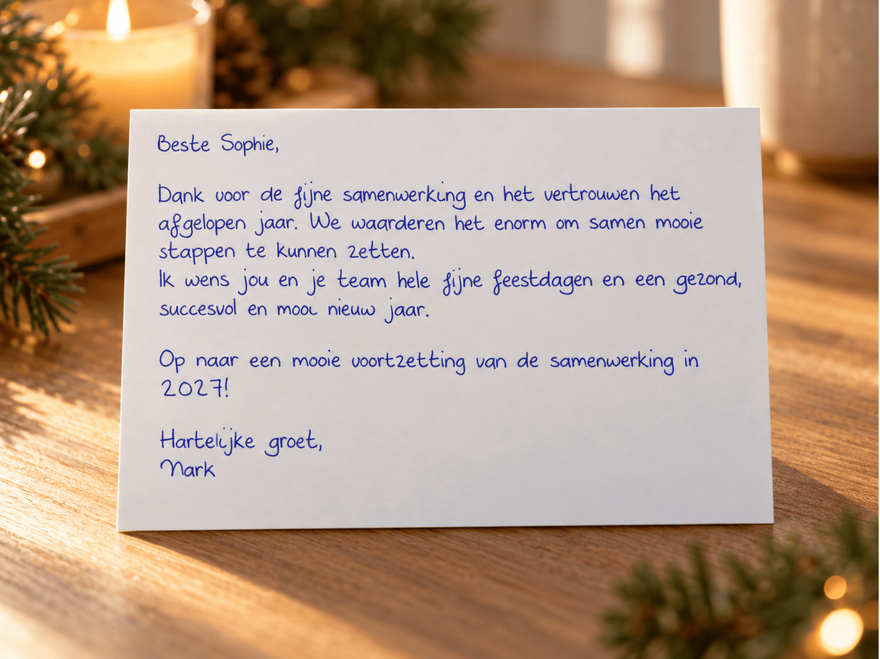 Handgeschreven kerstkaart met persoonlijke boodschap van Noteler