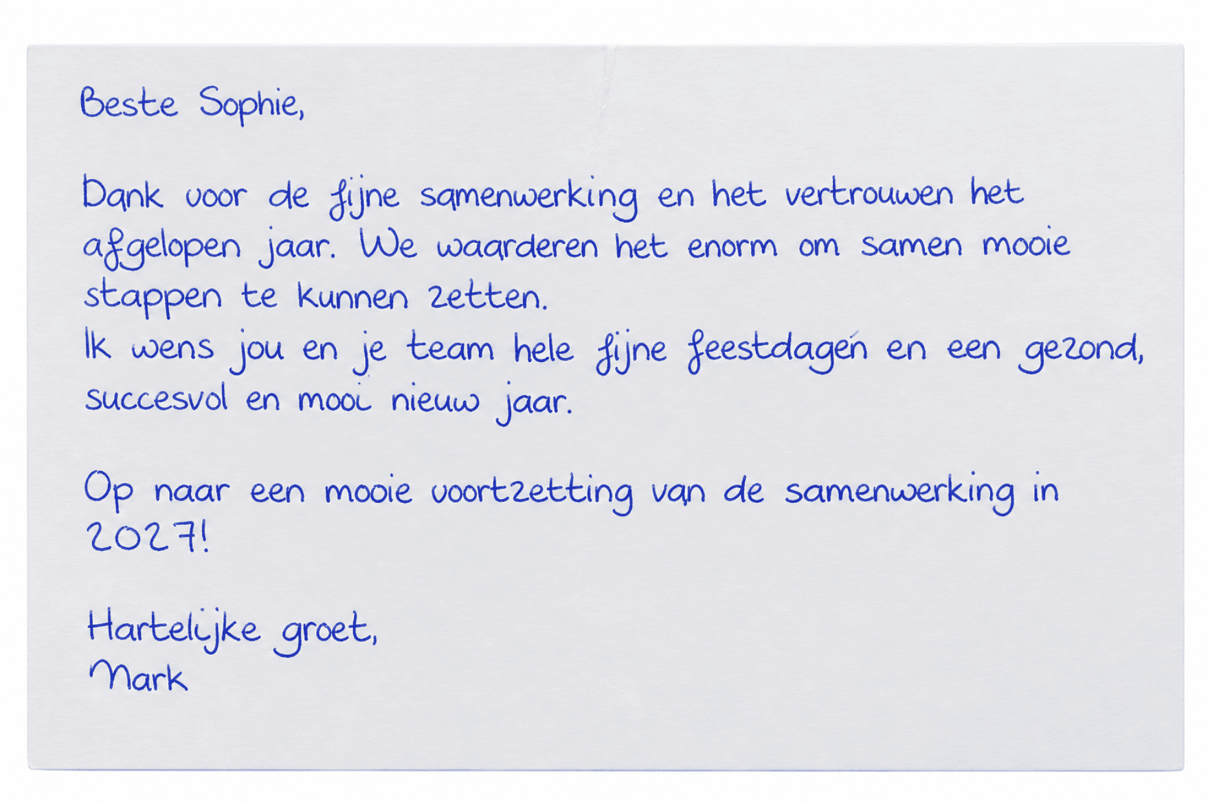 Voorbeeld van handgeschreven zakelijke kerstkaart in handschrift vier