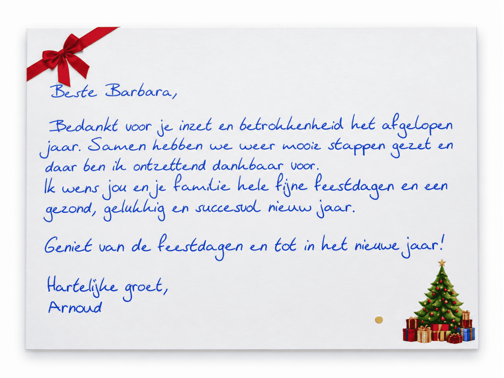 Voorbeeld van handgeschreven zakelijke kerstkaart in handschrift drie