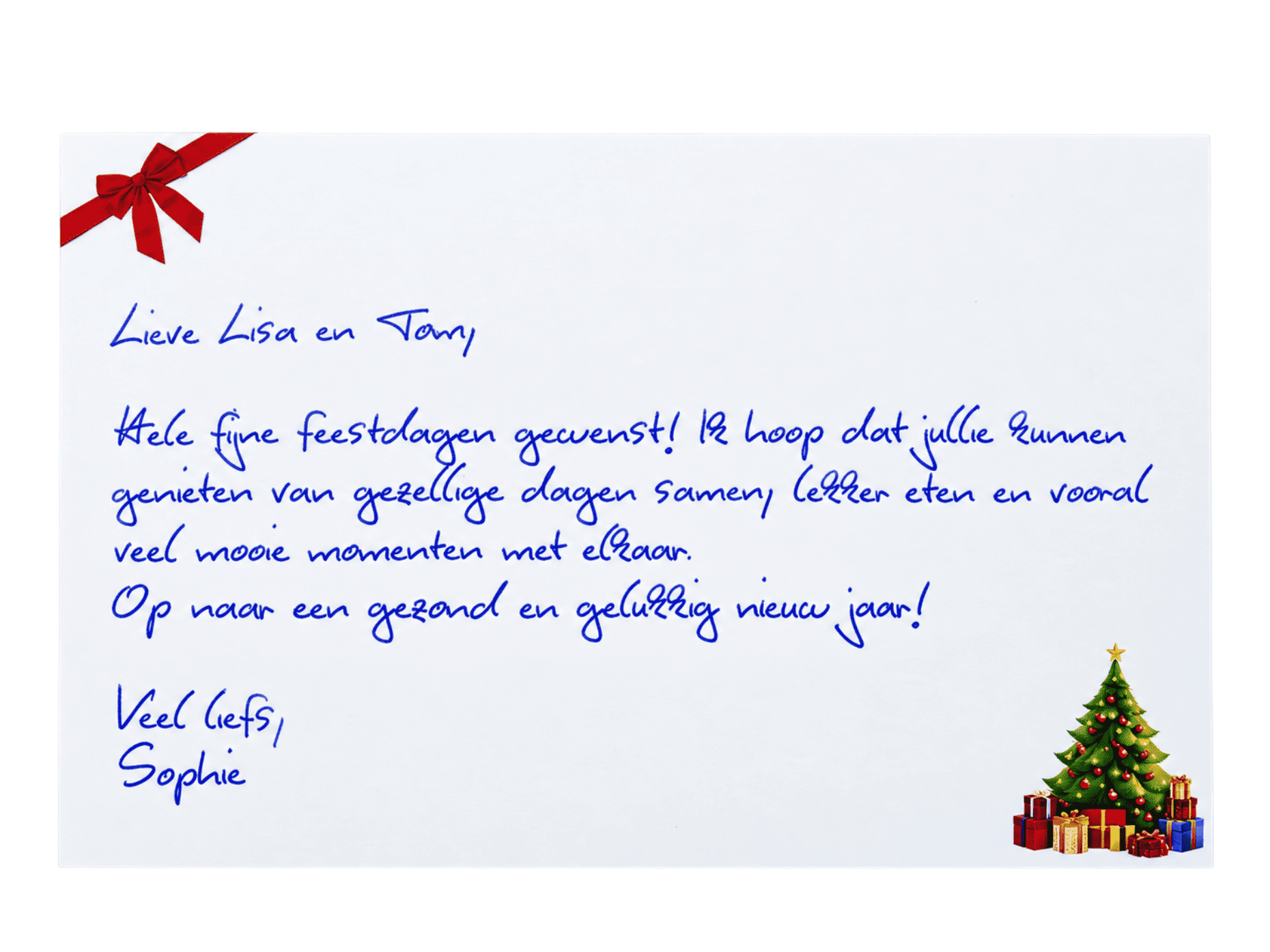 Voorbeeld van handgeschreven zakelijke kerstkaart in handschrift twee