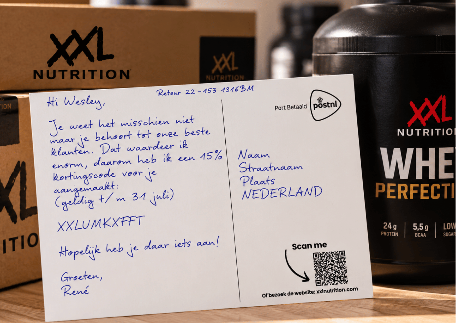 Handgeschreven direct mail campagne voor XXL Nutrition