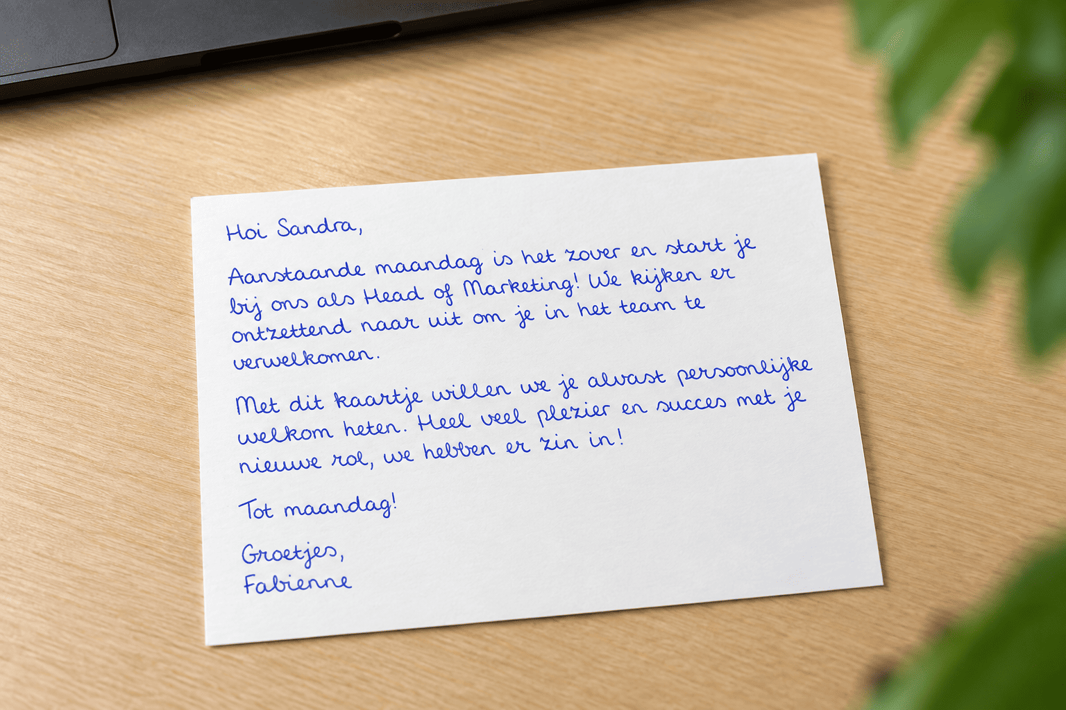 Handgeschreven welkomskaart voor nieuwe medewerker Sandra